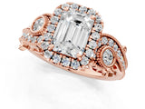 Rose gold Emerald Cut Diamond Halo Ring with Milgrain Pavé Band and Four-Prong Setting_38