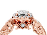 Rose gold Emerald Cut Diamond Halo Ring with Milgrain Pavé Band and Four-Prong Setting_41