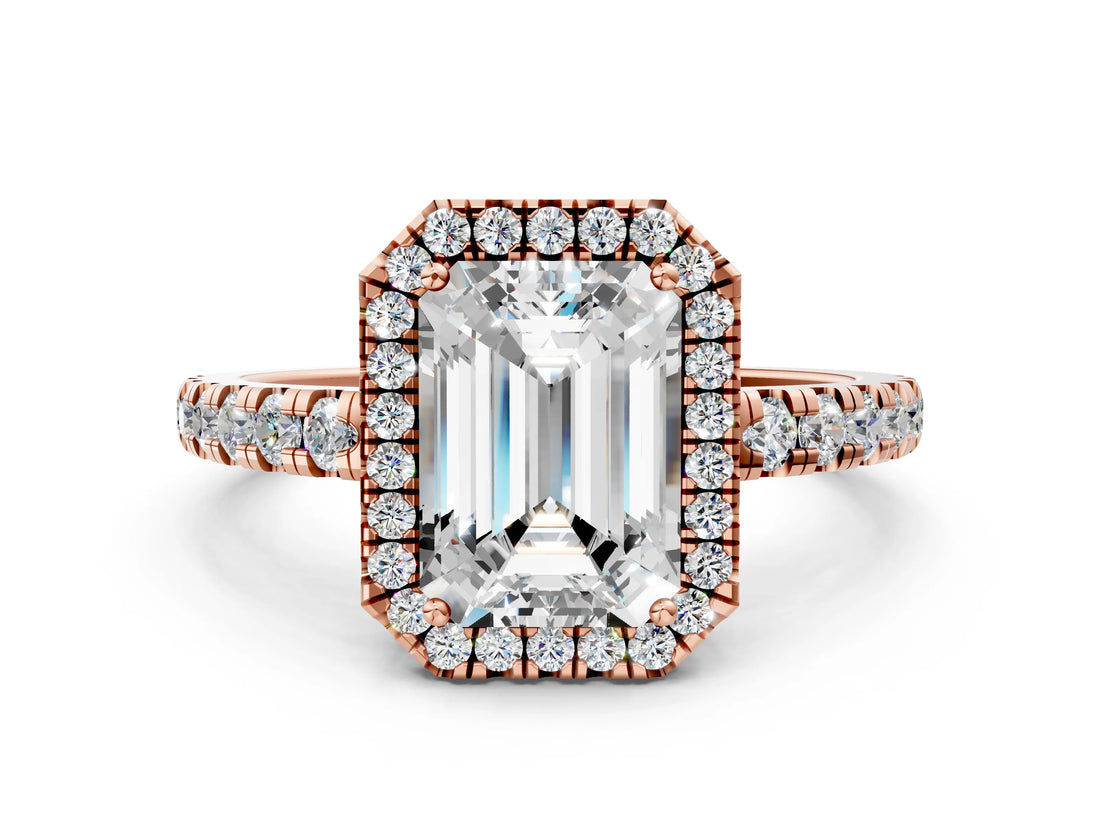 Rose gold Emerald Cut Diamond Halo Ring with Pavé Band and Four-Prong Setting_3