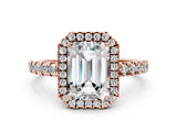Rose gold Emerald Cut Diamond Halo Ring with Pavé Band and Four-Prong Setting_3