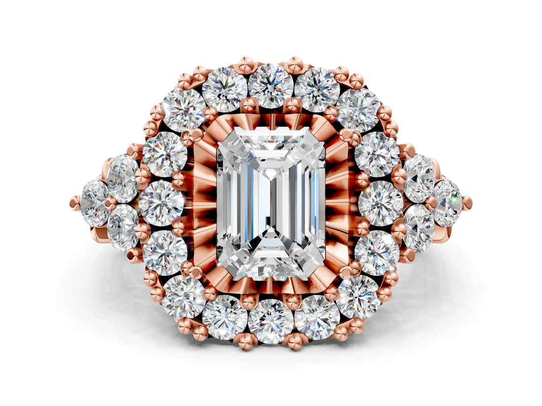 Rose gold Emerald Cut Diamond Halo Ring with Pavé Band and Four-Prong Setting_41