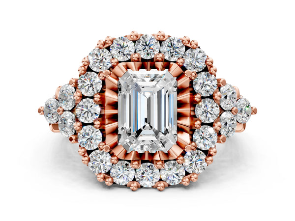 Rose gold Emerald Cut Diamond Halo Ring with Pavé Band and Four-Prong Setting