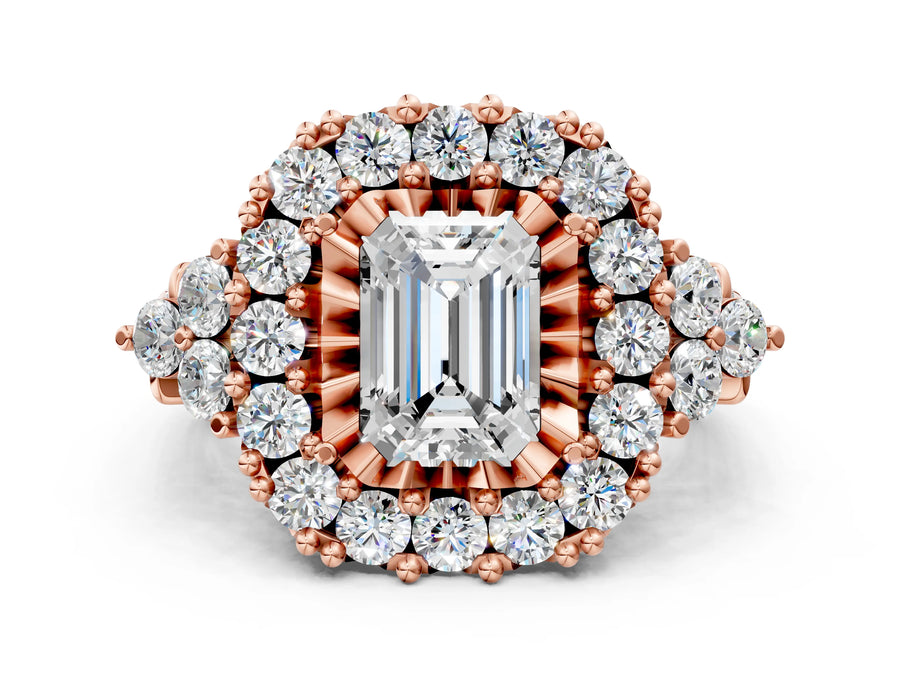 Rose gold Emerald Cut Diamond Halo Ring with Pavé Band and Four-Prong Setting