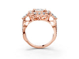 Rose gold Emerald Cut Diamond Halo Ring with Pavé Band and Four-Prong Setting_44