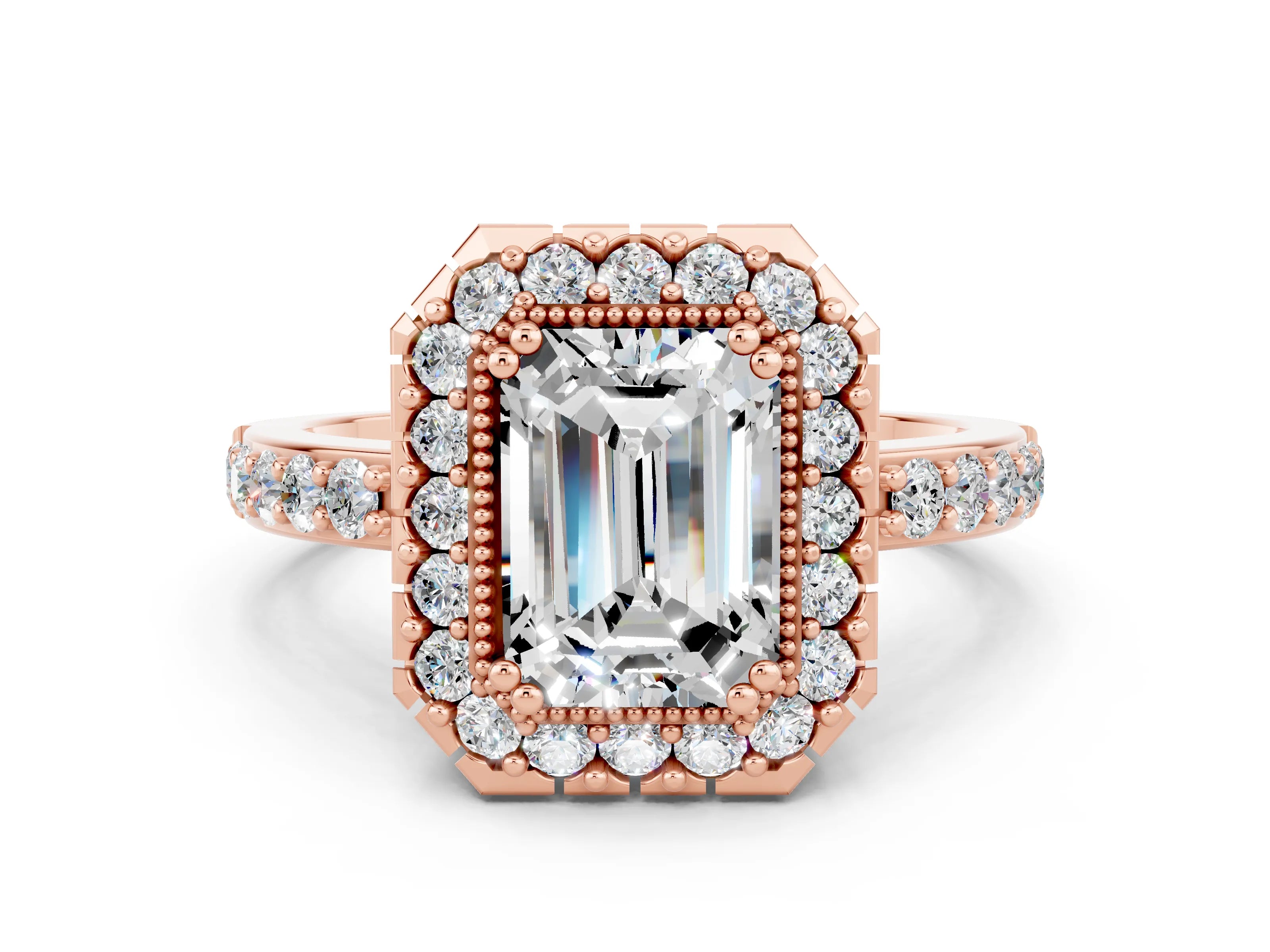 Rose gold Emerald Cut Diamond Halo Ring with Pavé Band and Prong Setting
