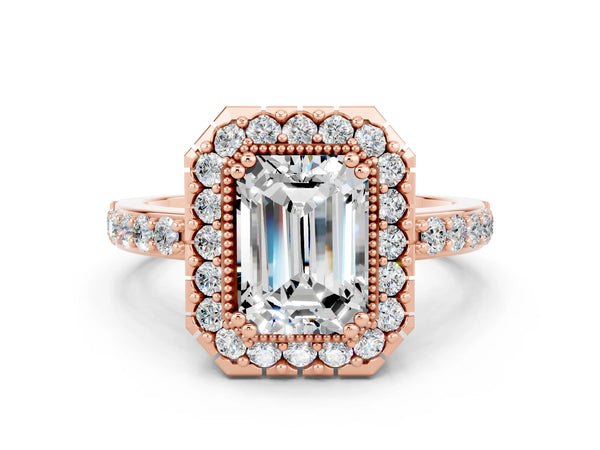 Rose gold Emerald Cut Moissanite Halo Ring with Pavé Band and Prong Setting