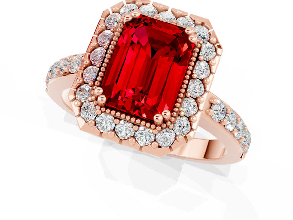 Rose gold Emerald Cut Ruby Halo Ring with Pavé Band and Prong Setting