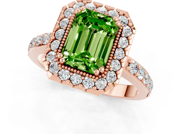 Rose gold Emerald Cut Peridot Halo Ring with Pavé Band and Prong Setting