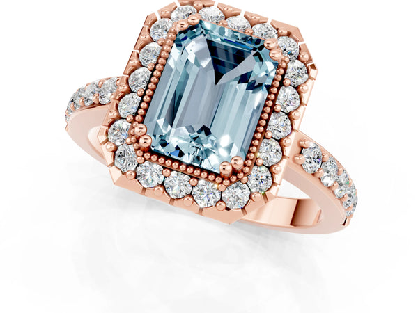 Rose gold Emerald Cut Aquamarine Halo Ring with Pavé Band and Prong Setting