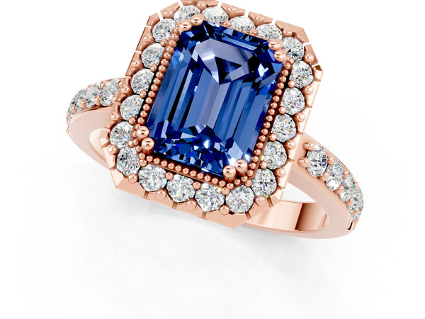 Rose gold Emerald Cut Blue Sapphire Halo Ring with Pavé Band and Prong Setting