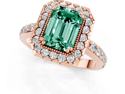 Rose gold Emerald Cut Diamond Halo Ring with Pavé Band and Prong Setting_1