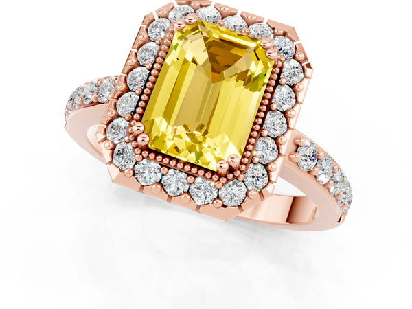 Rose gold Emerald Cut Yellow Sapphire Halo Ring with Pavé Band and Prong Setting