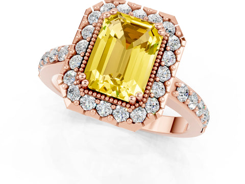Rose gold Emerald Cut Diamond Halo Ring with Pavé Band and Prong Setting_1