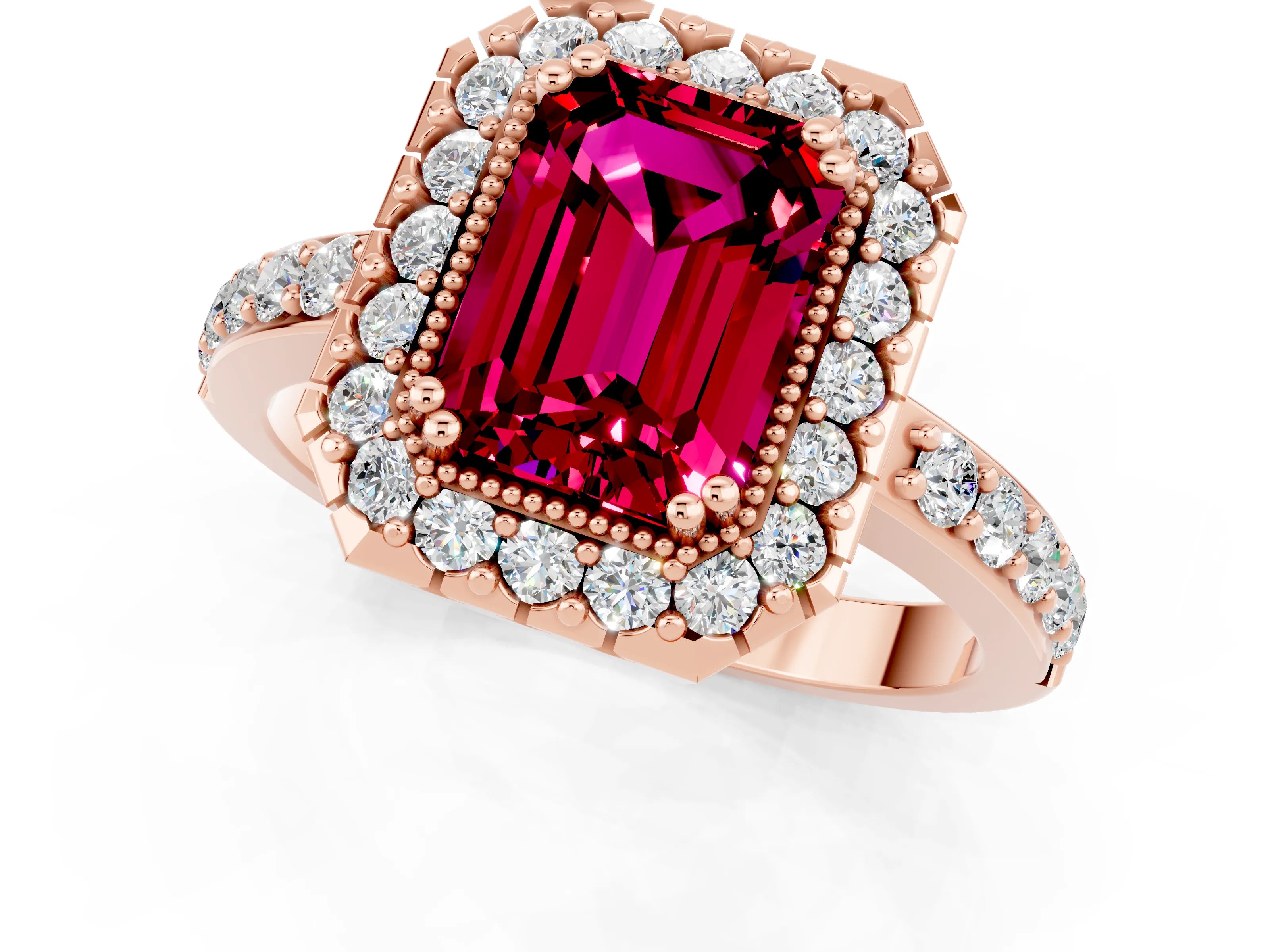Rose gold Emerald Cut Diamond Halo Ring with Pavé Band and Prong Setting_1