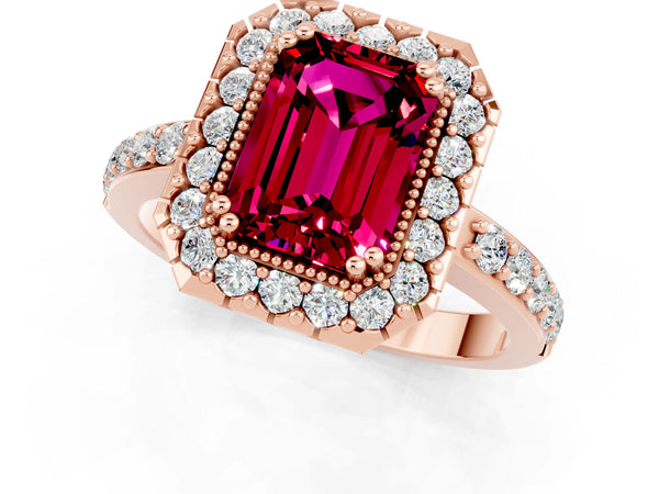 Rose gold Emerald Cut Garnet Halo Ring with Pavé Band and Prong Setting