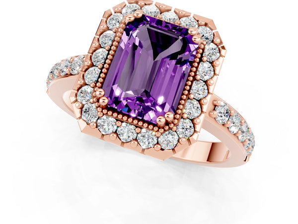 Rose gold Emerald Cut Amethyst Halo Ring with Pavé Band and Prong Setting