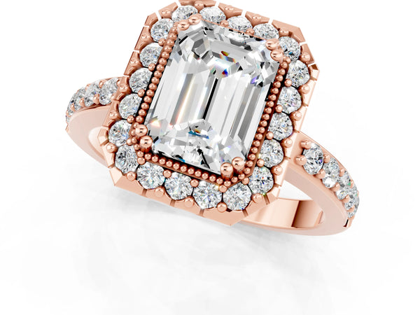 Rose gold Emerald Cut Moissanite Halo Ring with Pavé Band and Prong Setting