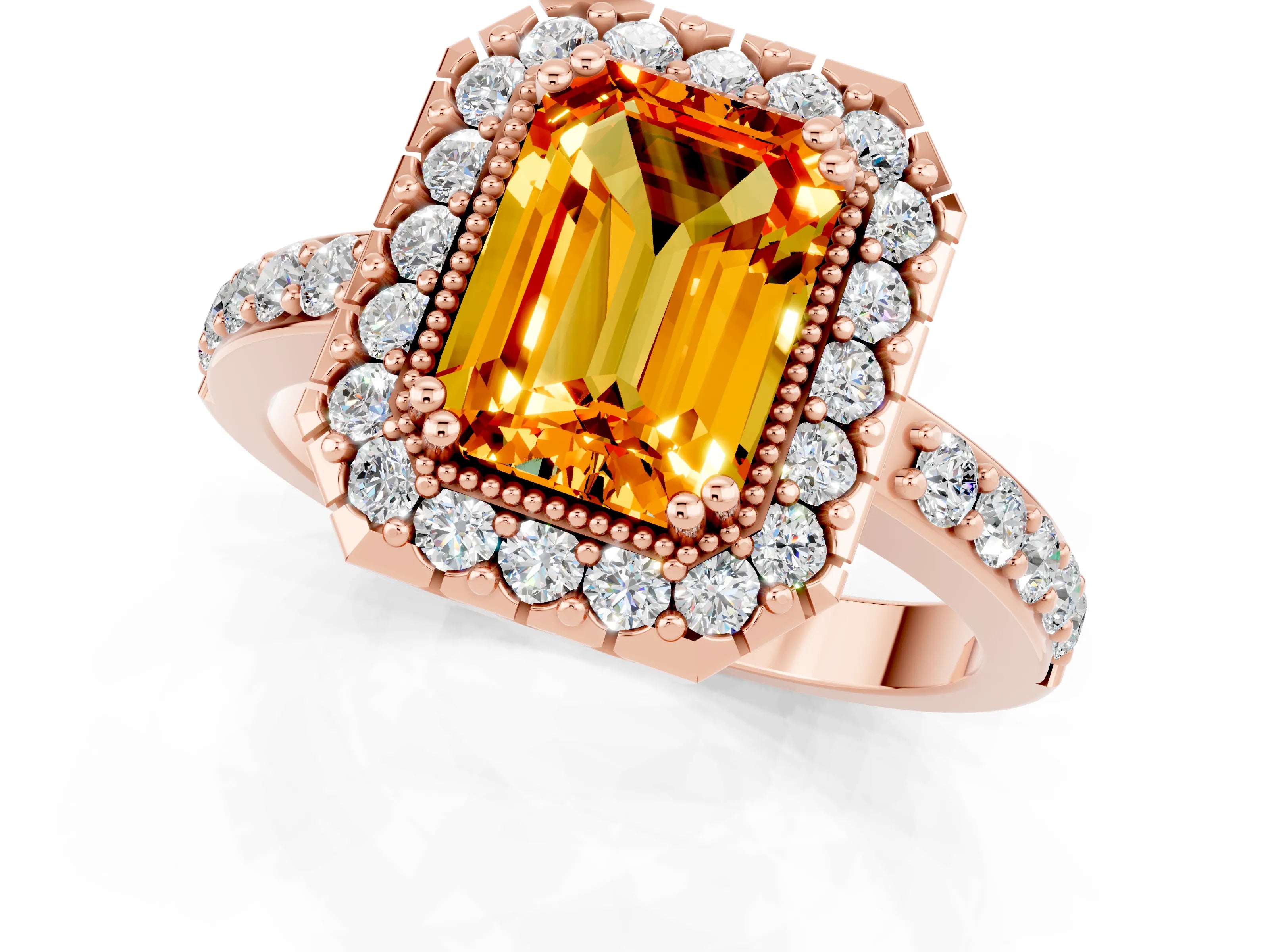 Rose gold Emerald Cut Diamond Halo Ring with Pavé Band and Prong Setting_1
