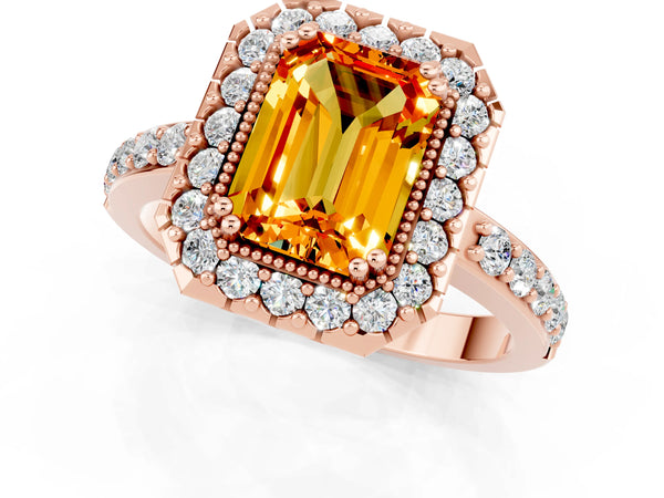 Rose gold Emerald Cut Citrine Halo Ring with Pavé Band and Prong Setting