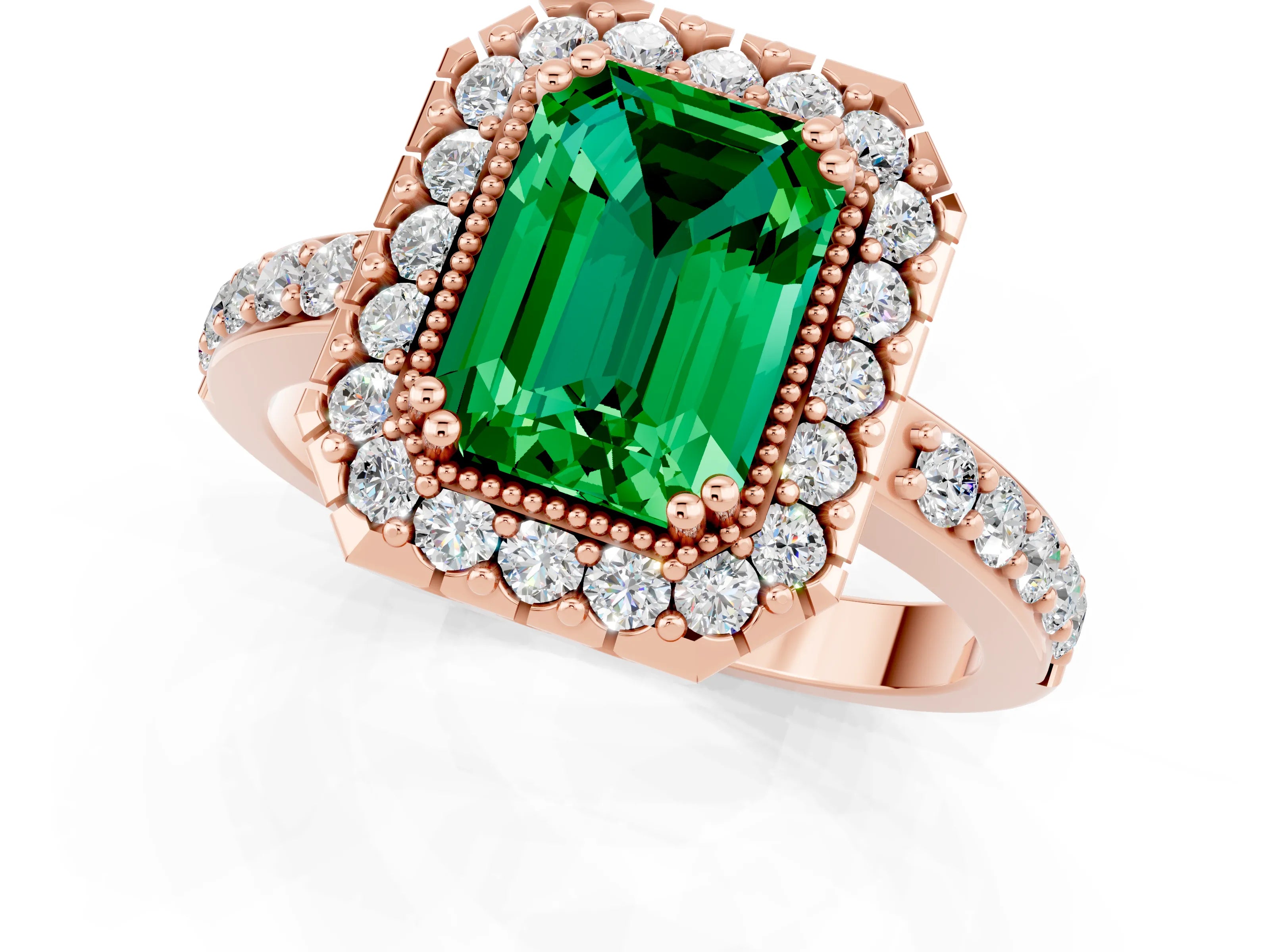 Rose gold Emerald Cut Diamond Halo Ring with Pavé Band and Prong Setting_1