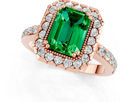 Rose gold Emerald Cut Diamond Halo Ring with Pavé Band and Prong Setting_1