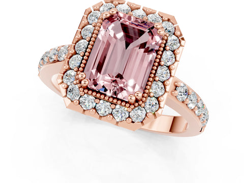 Rose gold Emerald Cut Diamond Halo Ring with Pavé Band and Prong Setting_1