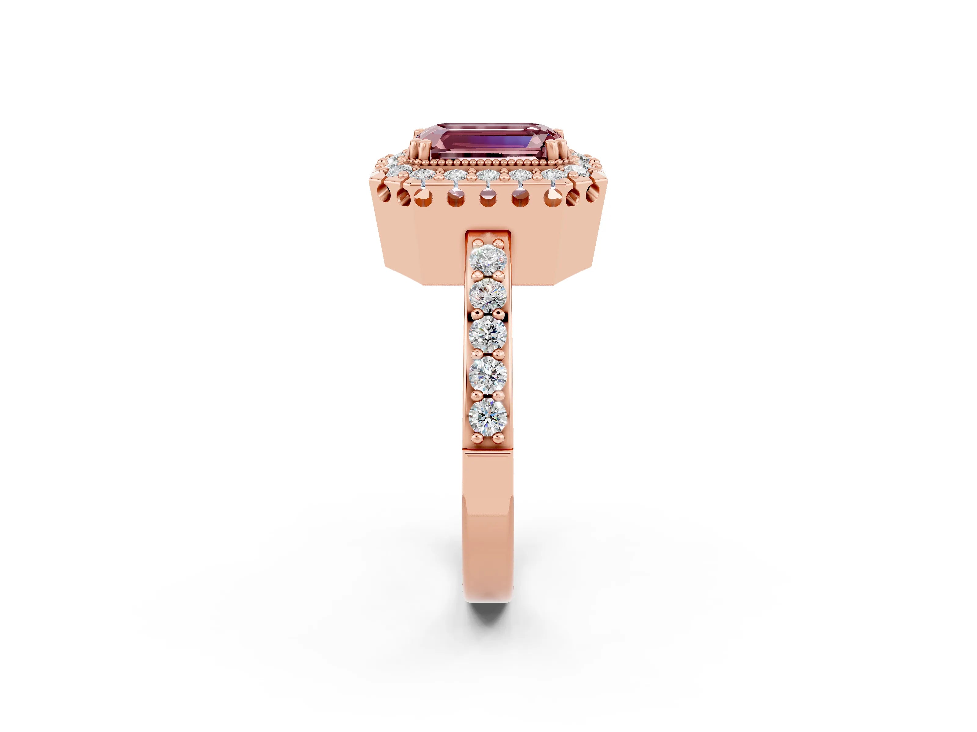 Rose gold Emerald Cut Diamond Halo Ring with Pavé Band and Prong Setting_2