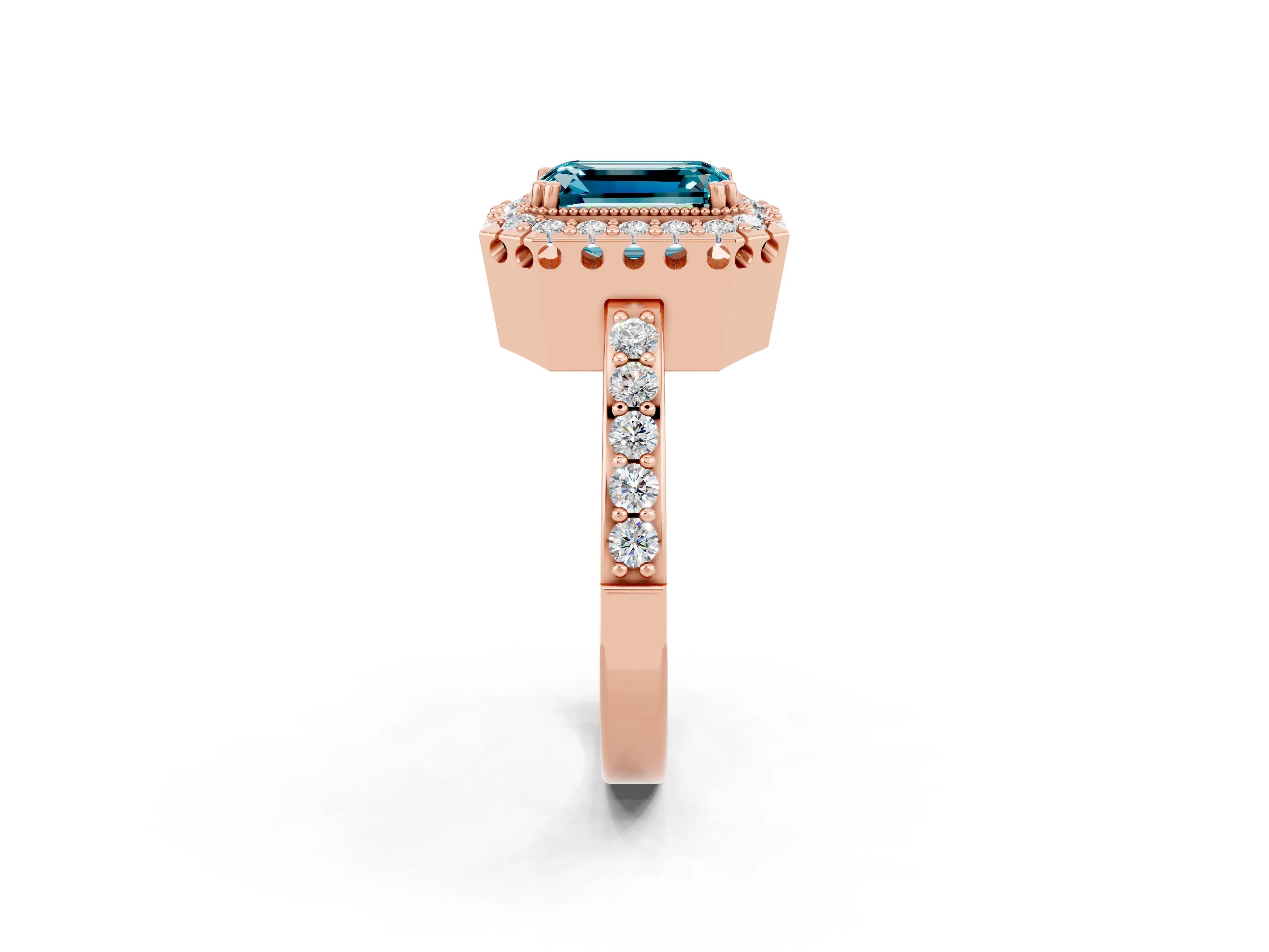Rose gold Emerald Cut Diamond Halo Ring with Pavé Band and Prong Setting_2