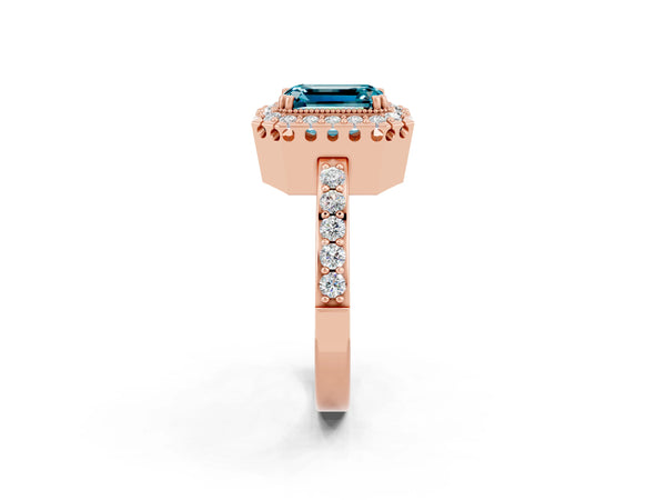 Rose gold Emerald Cut Blue Topaz Halo Ring with Pavé Band and Prong Setting