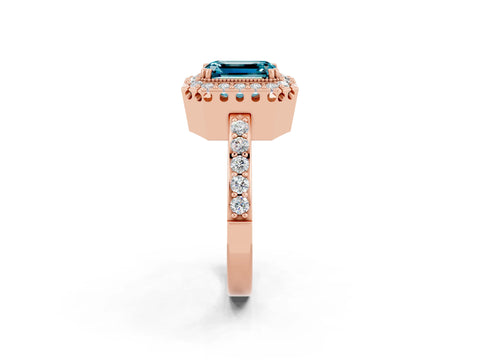 Rose gold Emerald Cut Diamond Halo Ring with Pavé Band and Prong Setting_2