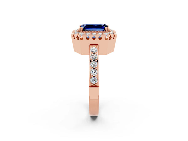 Rose gold Emerald Cut Blue Sapphire Halo Ring with Pavé Band and Prong Setting
