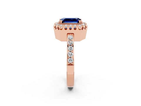 Rose gold Emerald Cut Diamond Halo Ring with Pavé Band and Prong Setting_2