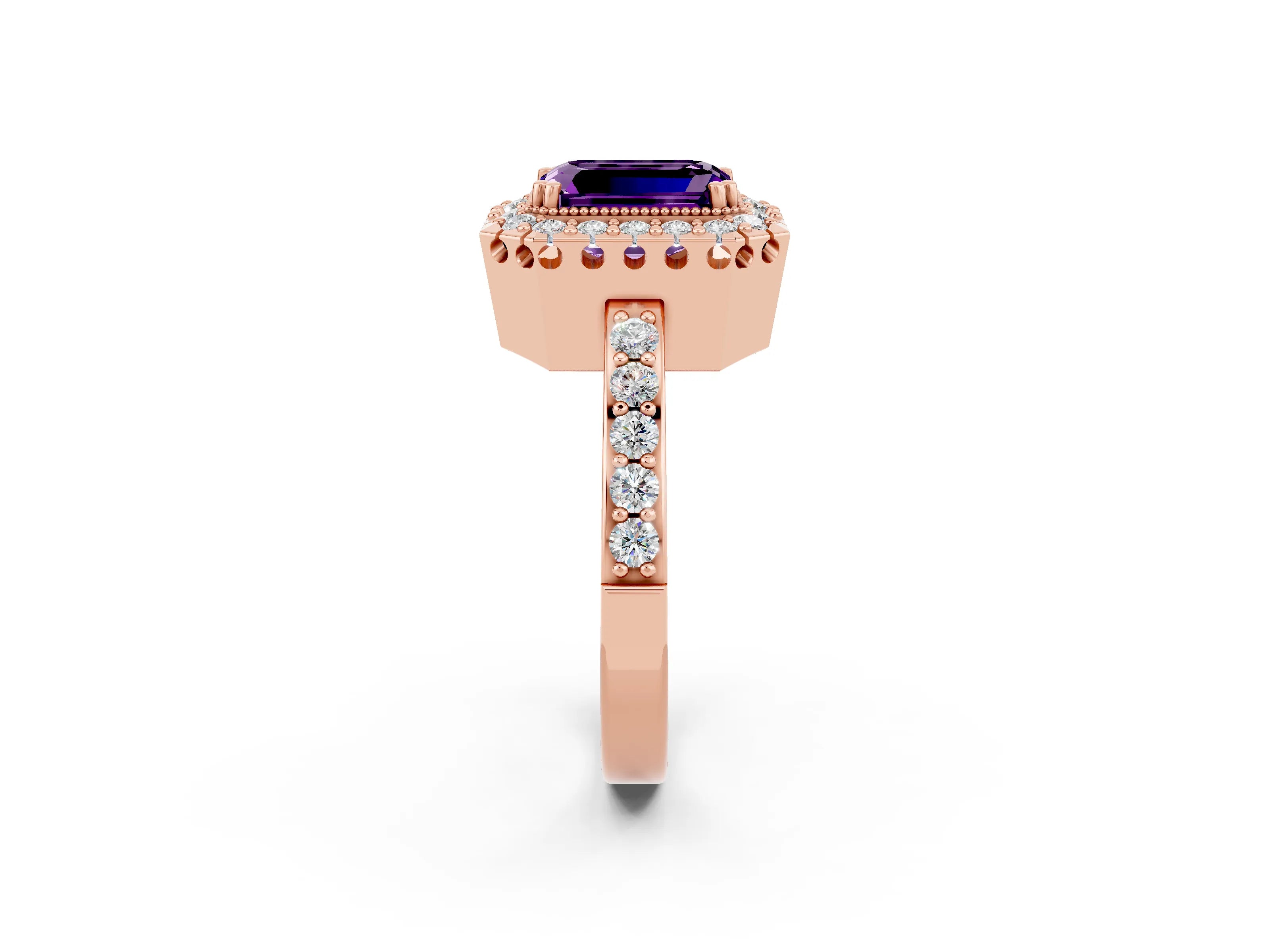 Rose gold Emerald Cut Diamond Halo Ring with Pavé Band and Prong Setting_2