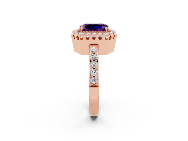 Rose gold Emerald Cut Amethyst Halo Ring with Pavé Band and Prong Setting