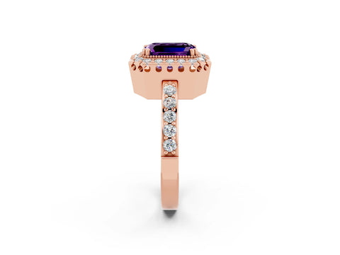 Rose gold Emerald Cut Diamond Halo Ring with Pavé Band and Prong Setting_2