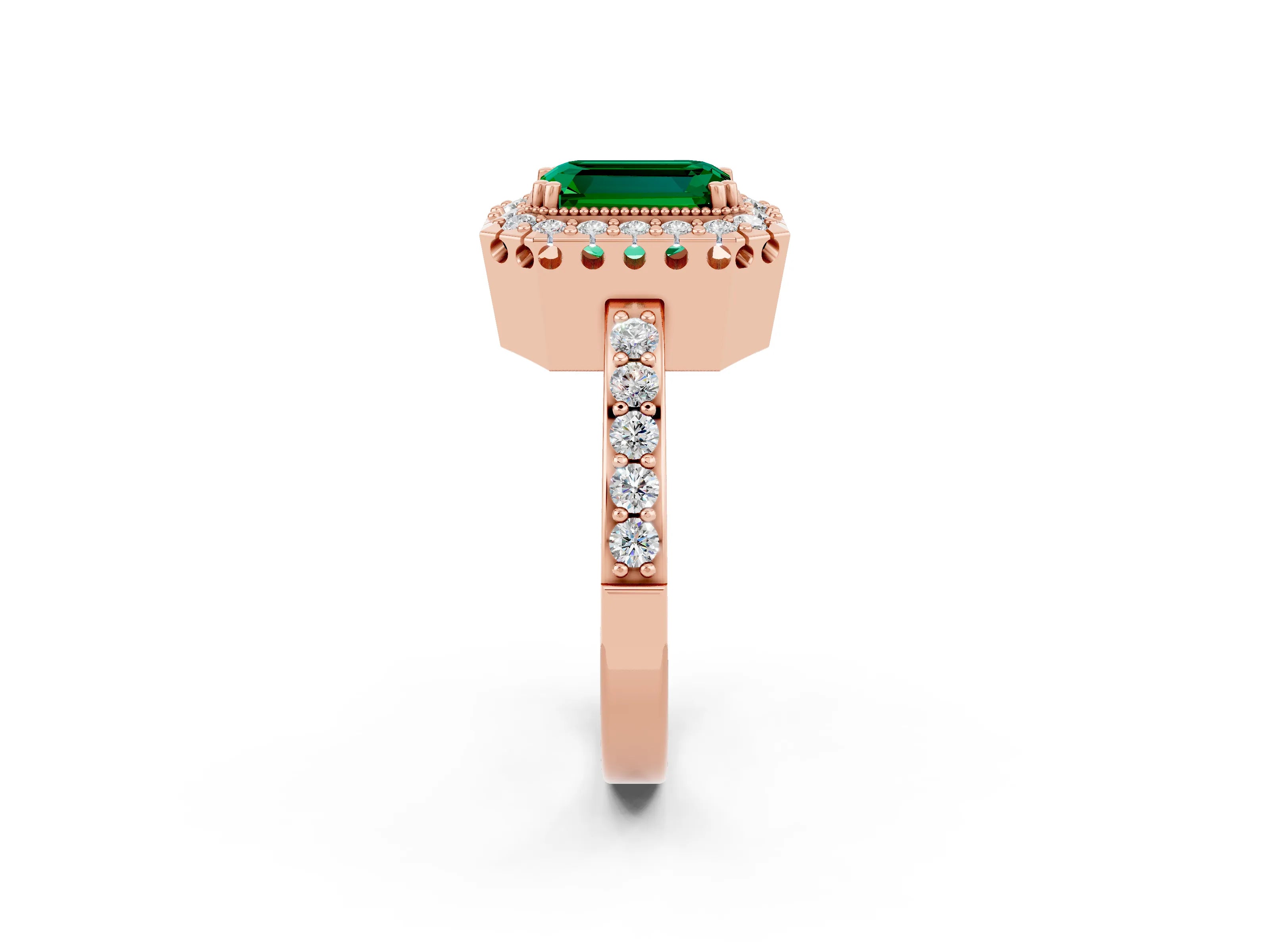 Rose gold Emerald Cut Diamond Halo Ring with Pavé Band and Prong Setting_2