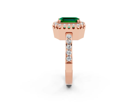 Rose gold Emerald Cut Diamond Halo Ring with Pavé Band and Prong Setting_2