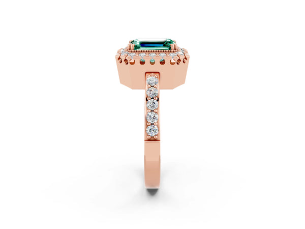 Rose gold Emerald Cut Green Sapphire Halo Ring with Pavé Band and Prong Setting