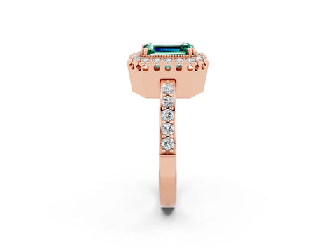 Rose gold Emerald Cut Diamond Halo Ring with Pavé Band and Prong Setting_2