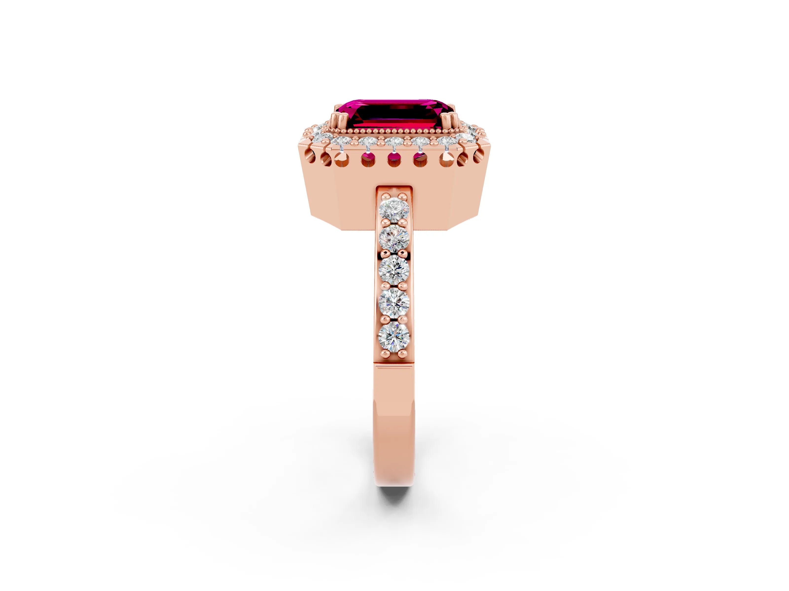 Rose gold Emerald Cut Diamond Halo Ring with Pavé Band and Prong Setting_2