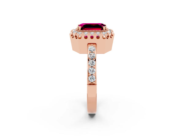 Rose gold Emerald Cut Garnet Halo Ring with Pavé Band and Prong Setting