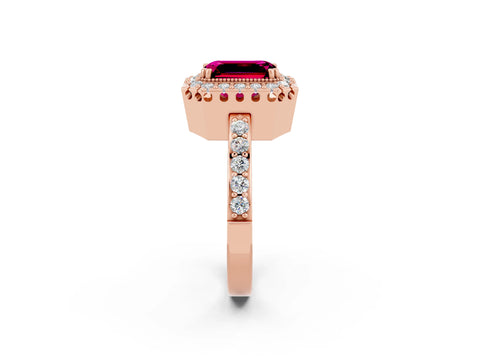 Rose gold Emerald Cut Diamond Halo Ring with Pavé Band and Prong Setting_2