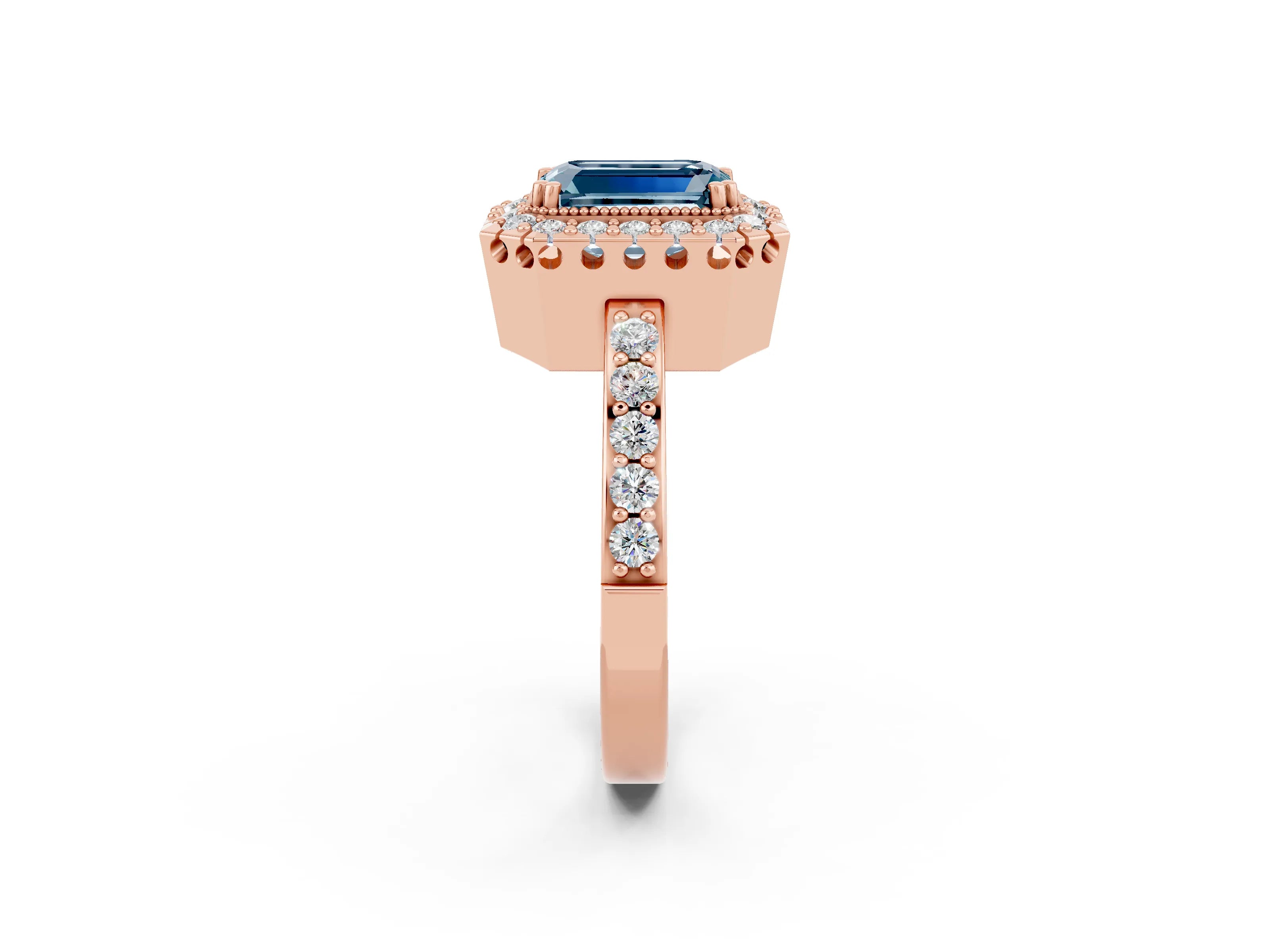 Rose gold Emerald Cut Diamond Halo Ring with Pavé Band and Prong Setting_2