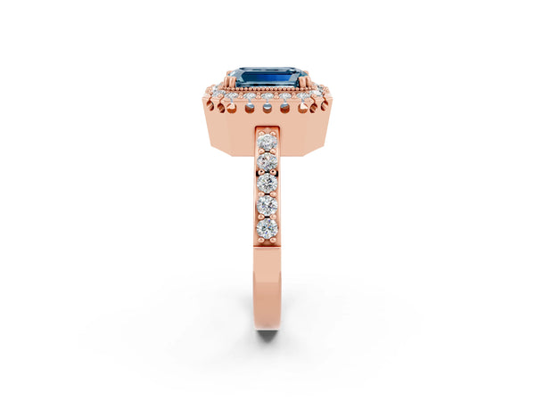 Rose gold Emerald Cut Aquamarine Halo Ring with Pavé Band and Prong Setting