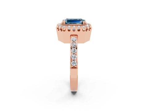 Rose gold Emerald Cut Diamond Halo Ring with Pavé Band and Prong Setting_2