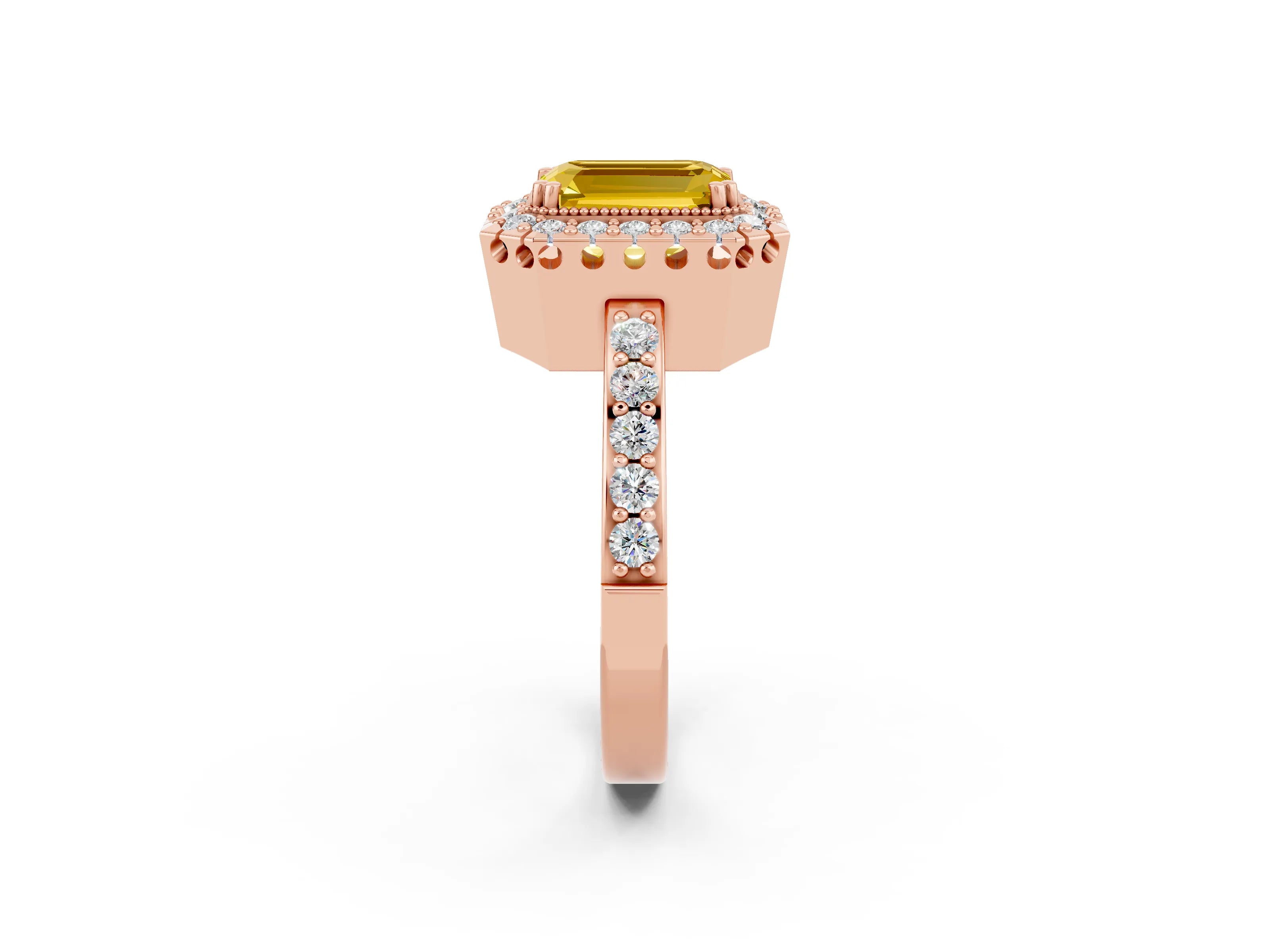 Rose gold Emerald Cut Diamond Halo Ring with Pavé Band and Prong Setting_2