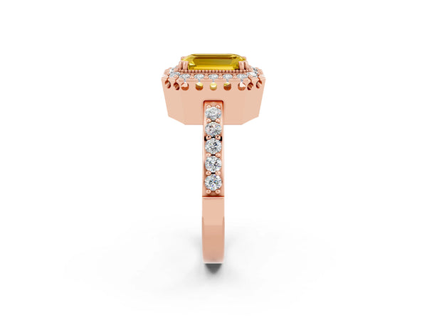 Rose gold Emerald Cut Yellow Sapphire Halo Ring with Pavé Band and Prong Setting