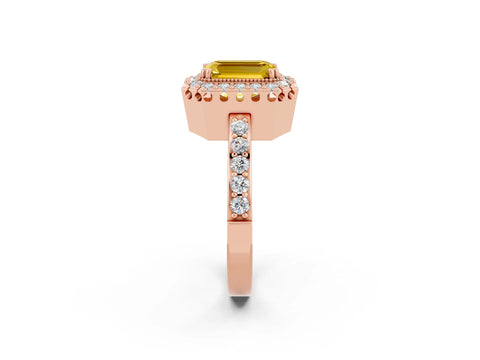 Rose gold Emerald Cut Diamond Halo Ring with Pavé Band and Prong Setting_2