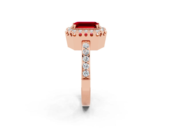 Rose gold Emerald Cut Ruby Halo Ring with Pavé Band and Prong Setting