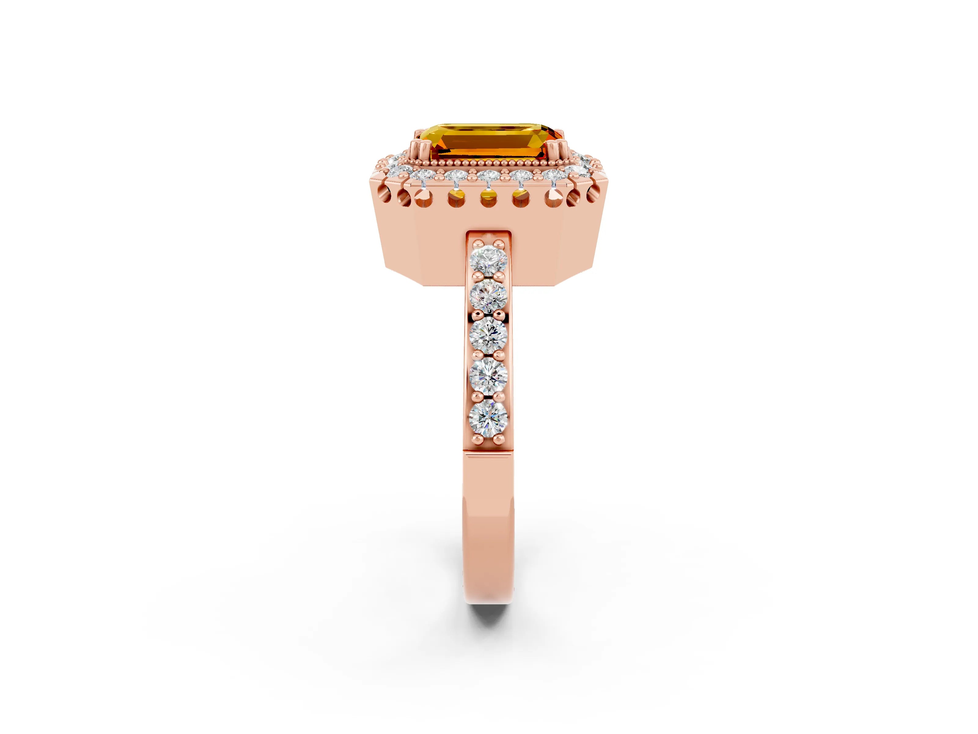 Rose gold Emerald Cut Diamond Halo Ring with Pavé Band and Prong Setting_2